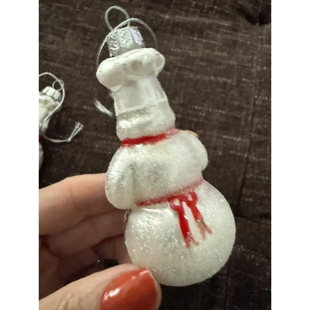 Set of 2 Williams Sonoma Blown Glass Snowman Chef Christmas Ornaments